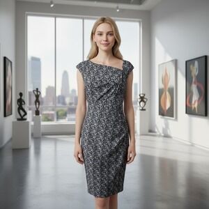 Dressbarn Petite Sz 10 Black White Floral Sheath Dress Career Party Minimal Chic